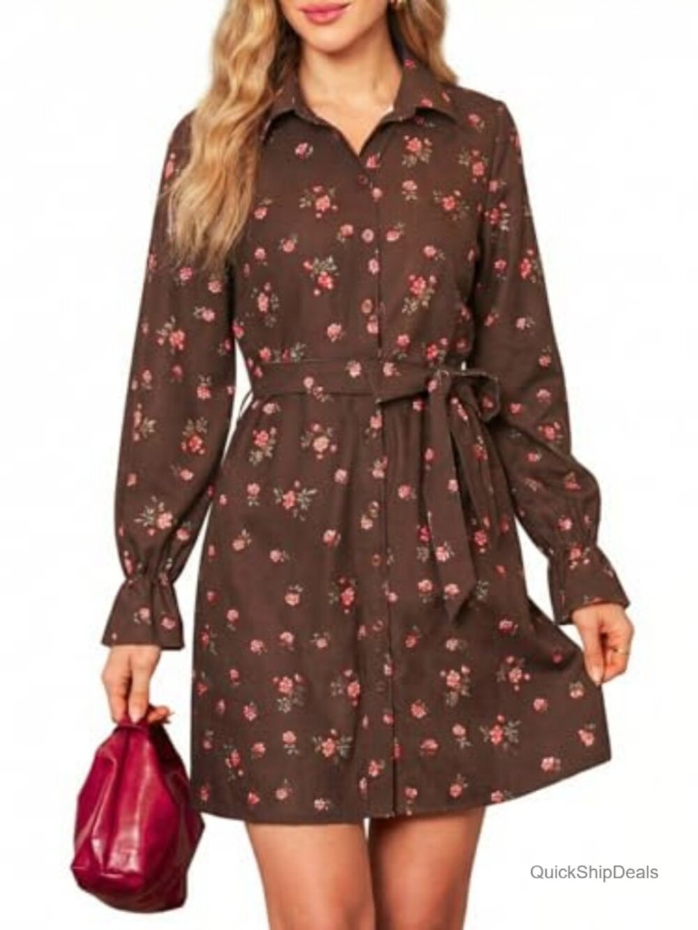 100% Polyester Corduroy Long Sleeve Button Down Floral Mini Dress with Belt